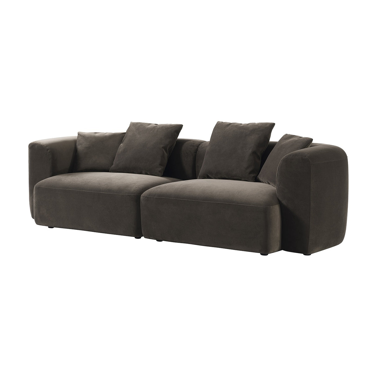 Libra Interiors Velvet Curved 2-Seater Modular Sofa in brown velvet with sculptural curves, deep cushions and four scatter cushions, on white.