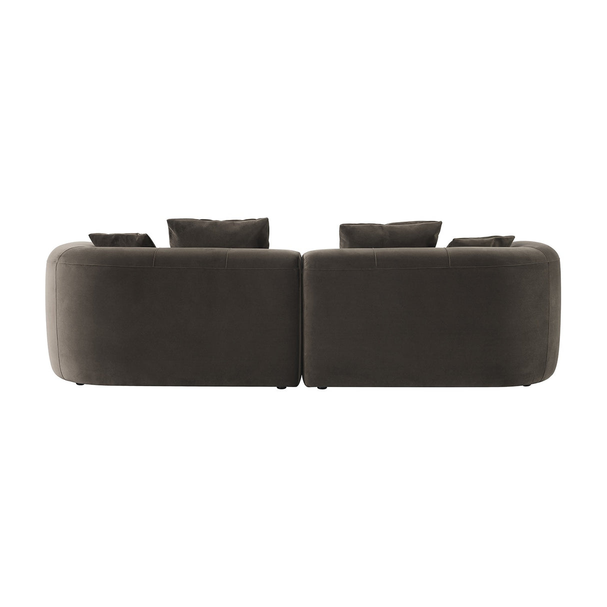 Libra Interiors Velvet Curved 2-Seater Modular Sofa in brown, rear view showing two rounded sections with scatter cushions on a plain white background.