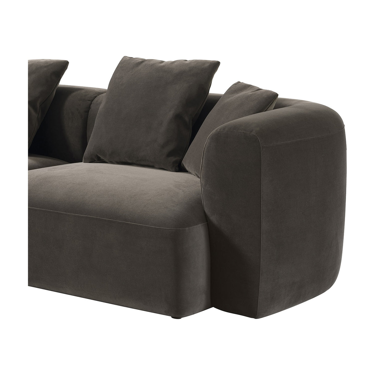 Libra Interiors Velvet Curved 2-Seater Modular Sofa in brown, showing the rounded arm section with plush scatter cushions and deep seat on a white background.