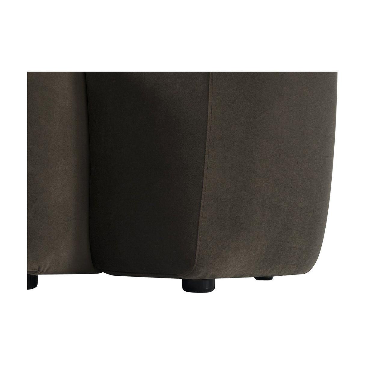Close-up of the base and rounded side of the Libra Interiors Velvet Curved 2-Seater Modular Sofa in brown, showing plush velvet upholstery and black feet.