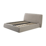 Libra Interiors Upholstered Chenille King Bed in beige with curved padded headboard, wraparound base and slatted timber interior on a white background.