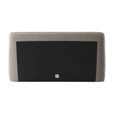 Rear view of the Libra Interiors Upholstered Chenille King Bed in beige, showing the black backing panel framed by soft chenille upholstery.