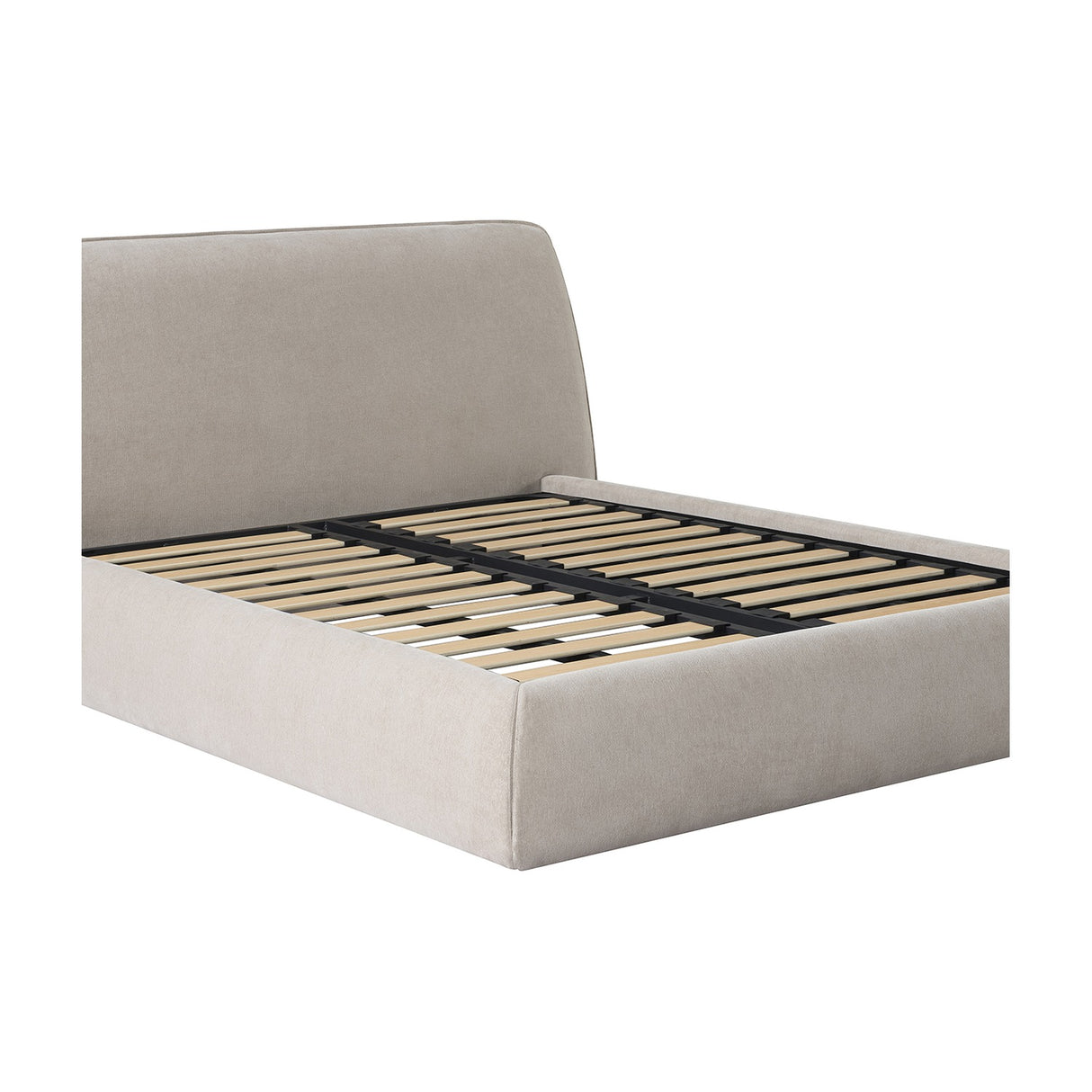 Libra Interiors Upholstered Chenille King Bed in beige with a curved padded headboard, wraparound base and slatted timber interior, shown on a white background.