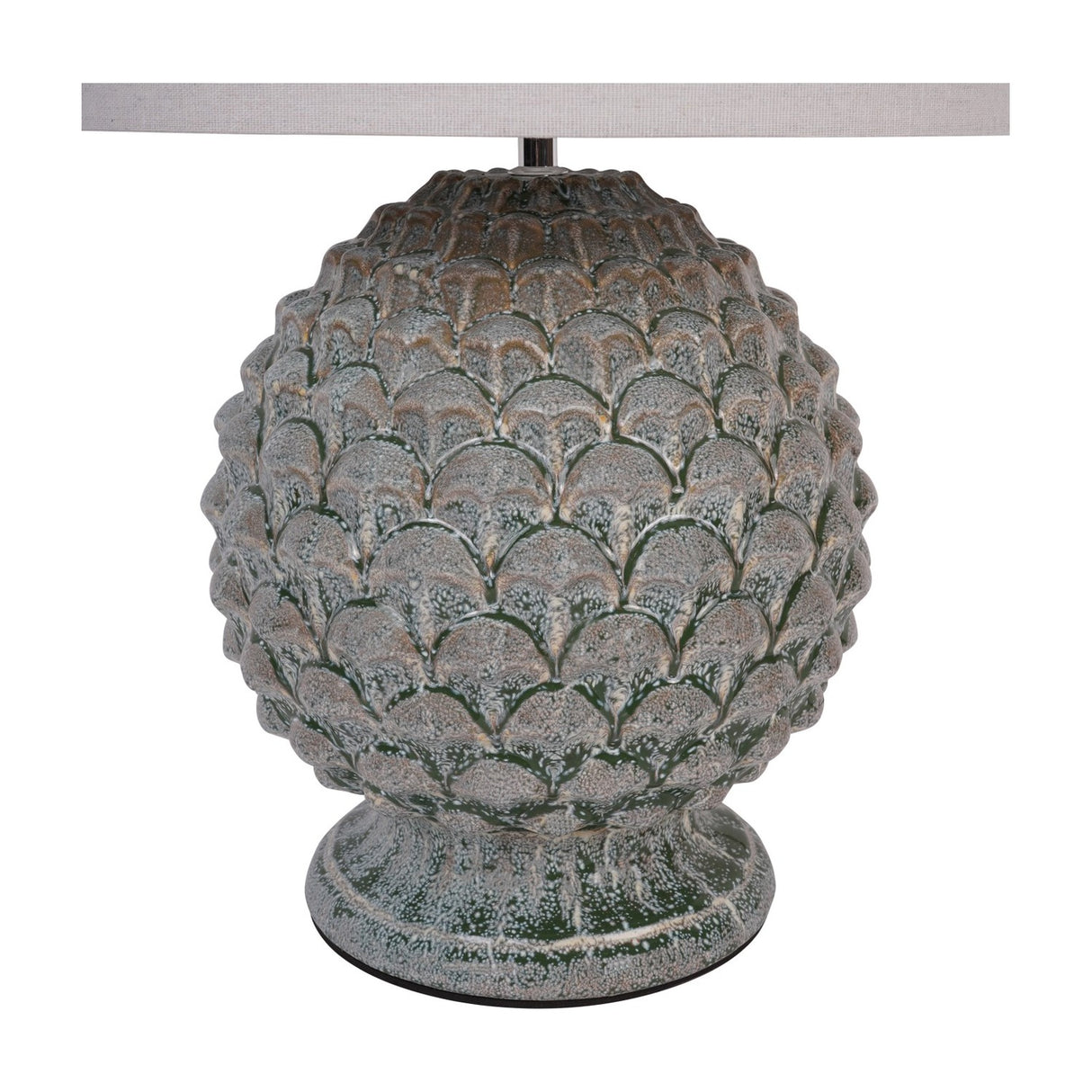 Libra Interiors Glazed Ceramic Artichoke Table Lamp in green with layered petal-textured base and pale drum shade, shown on a white background.