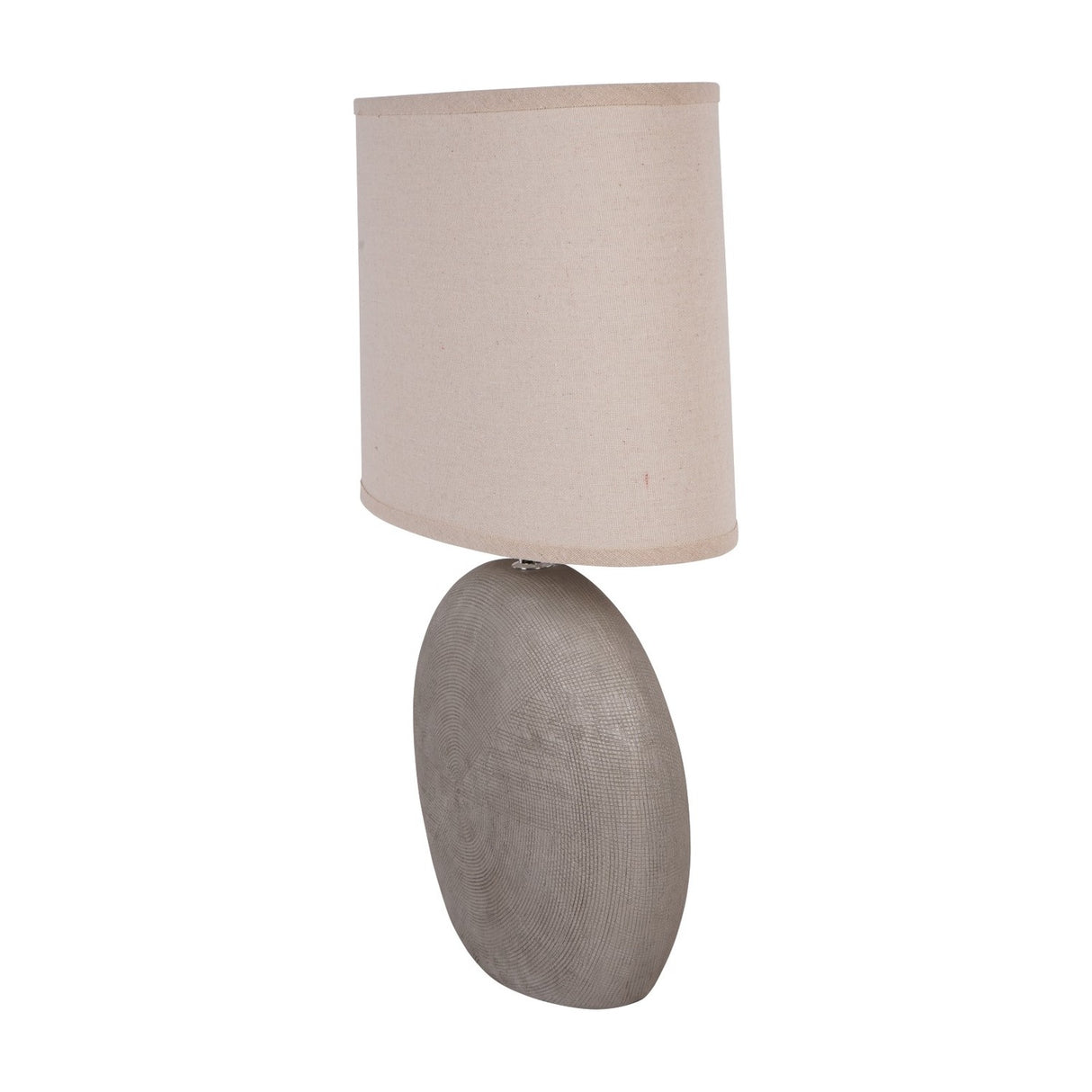 Libra Interiors Textured Ceramic Oval Table Lamp in grey with concentric ring pattern and neutral linen-look drum shade, on a plain white background.