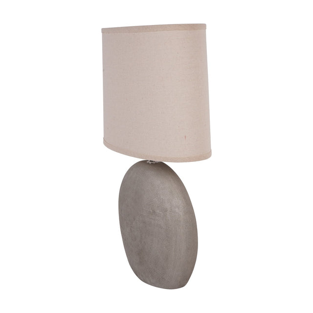 Libra Interiors Textured Ceramic Oval Table Lamp in grey with concentric ring pattern and neutral linen-look drum shade, on a plain white background.