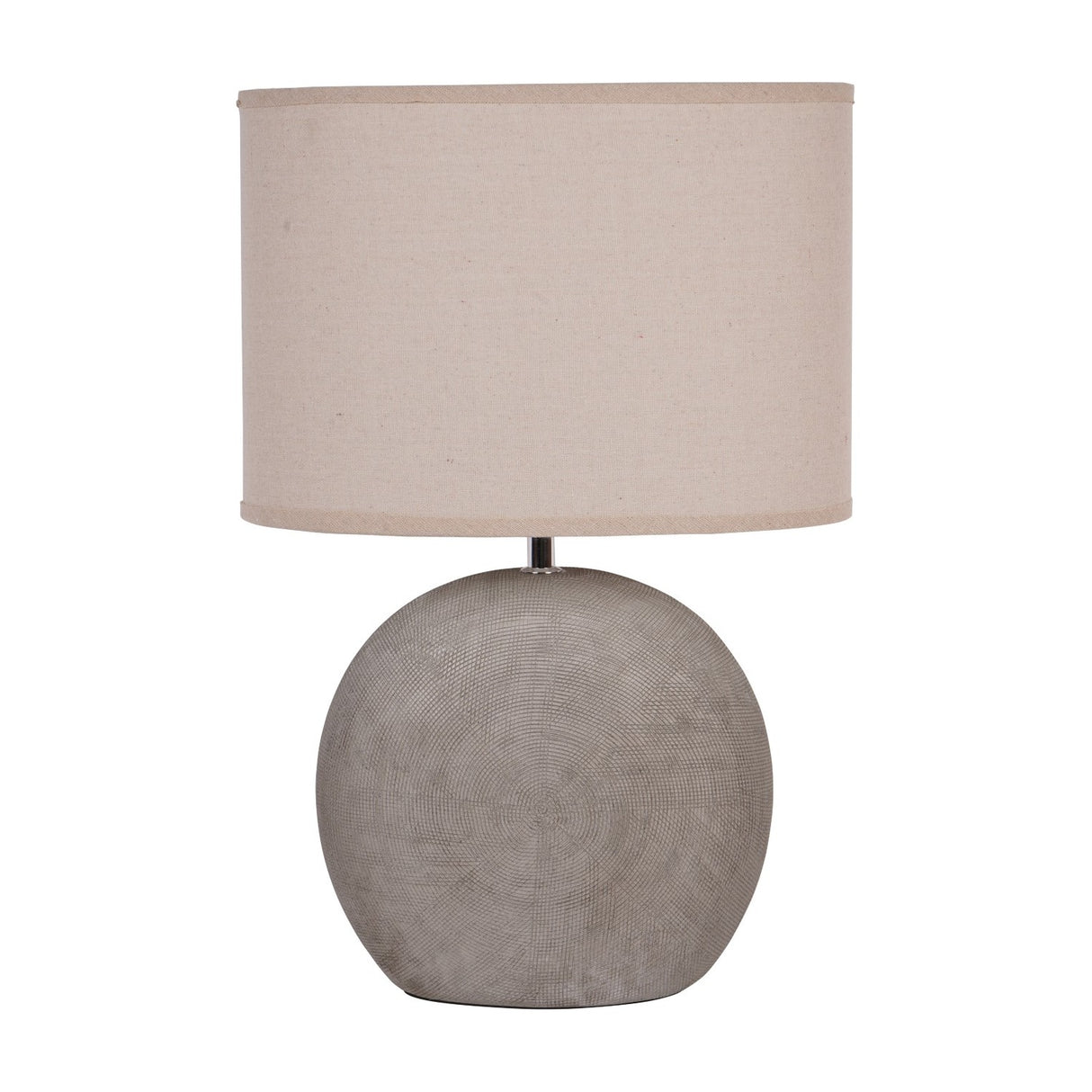Libra Interiors Textured Ceramic Oval Table Lamp in grey with a rounded base showing concentric ring pattern and neutral linen-look drum shade.