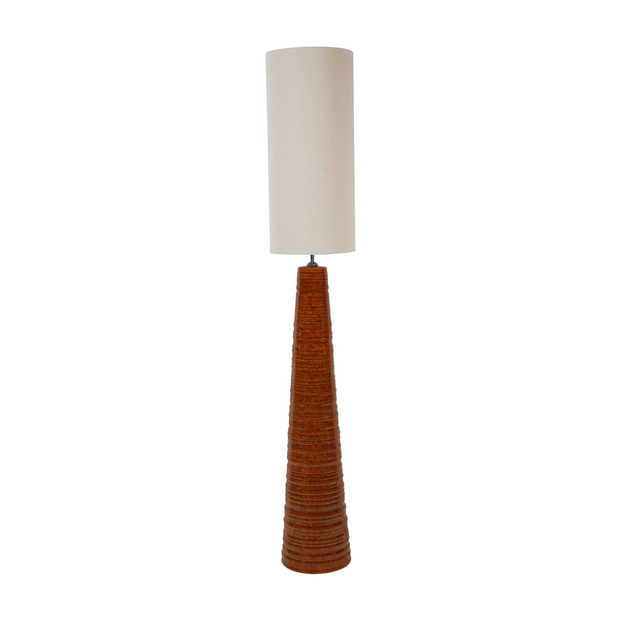 Libra Interiors Ribbed Ceramic Tapered Floor Lamp in terracotta with a ribbed cone base and tall cylindrical off-white linen shade on a plain background.