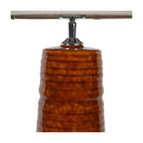 Close-up of the Libra Interiors Ribbed Ceramic Tapered Floor Lamp base in glazed terracotta, with chrome stem fitting and neutral linen shade above.