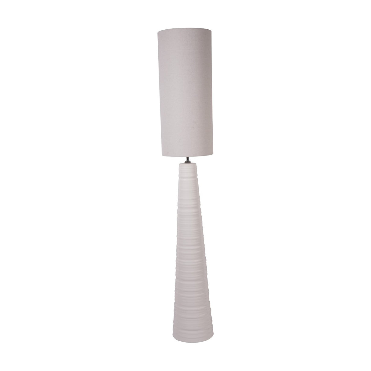 Libra Interiors Ribbed Ceramic Tall Floor Lamp in white with tapered horizontally banded base and long cylindrical neutral fabric shade on a white background.