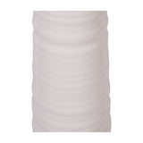 Close-up of the Libra Interiors Ribbed Ceramic Tall Floor Lamp in white, showing the horizontally banded glazed ceramic base texture.
