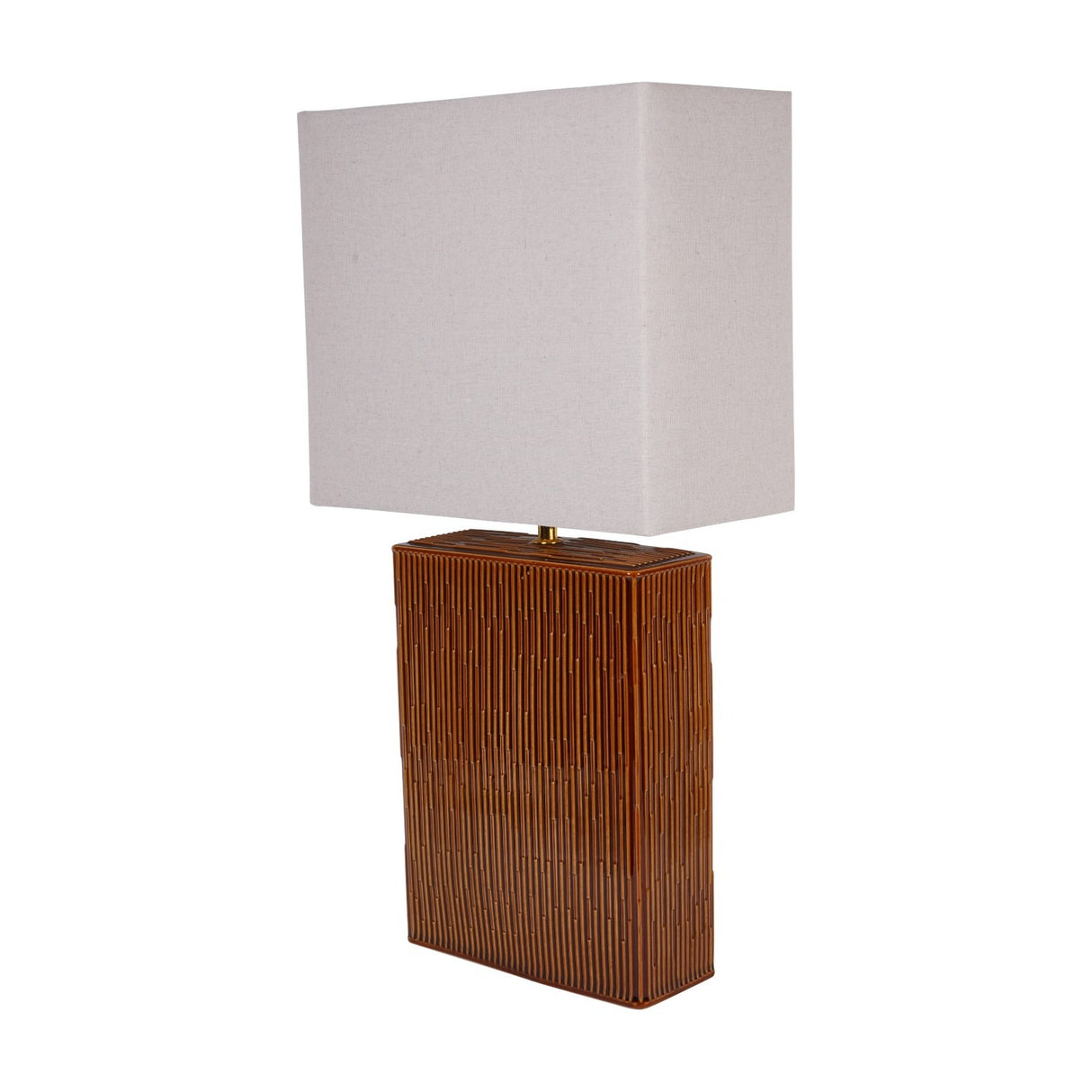 Libra Interiors Ridged Ceramic Rectangular Table Lamp in brown with vertically ridged terracotta glazed base and cream linen-look rectangular shade.