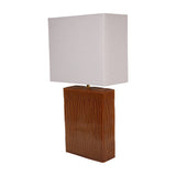 Libra Interiors Ridged Ceramic Rectangular Table Lamp in brown with vertically ridged terracotta glazed base and cream linen-look rectangular shade.