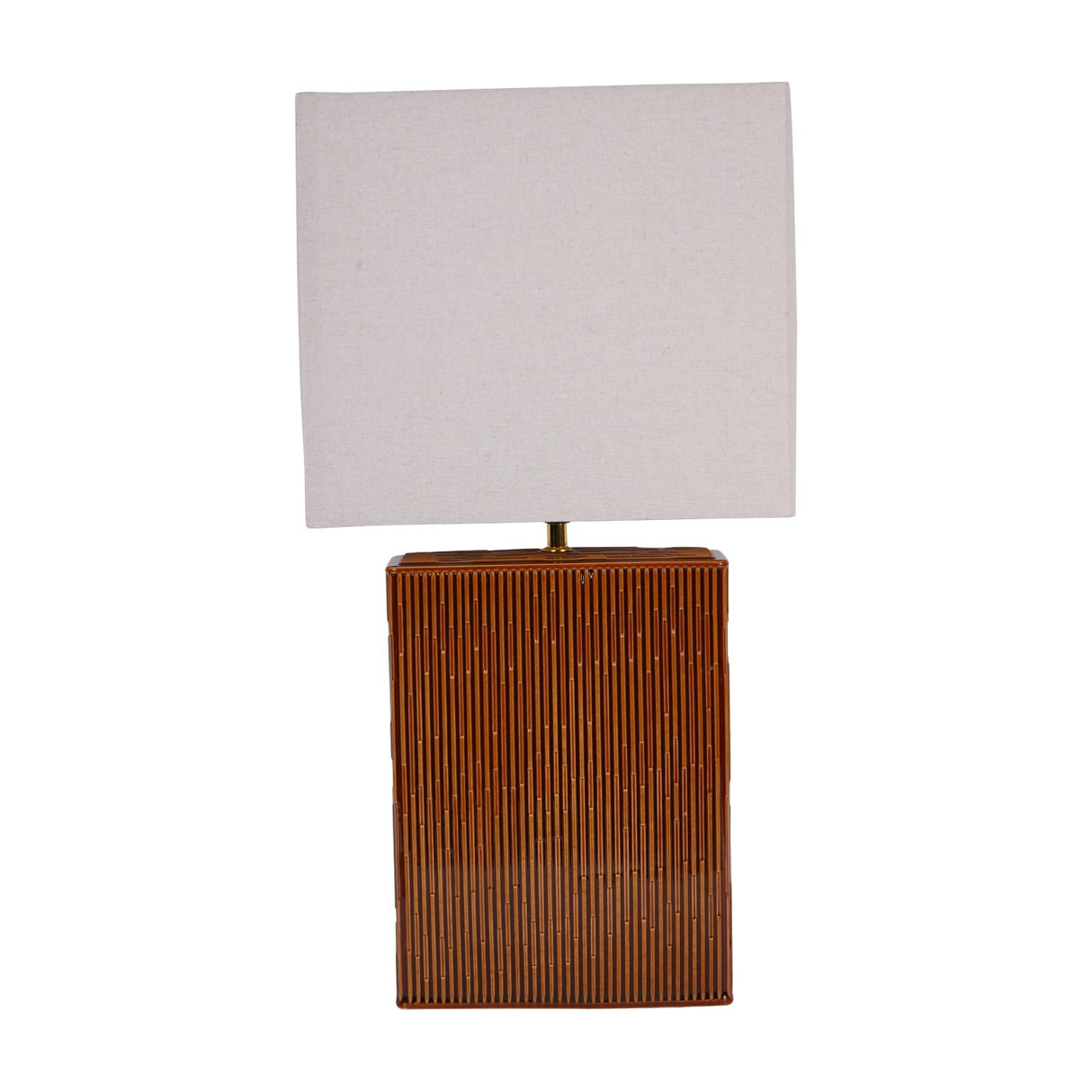 Libra Interiors Ridged Ceramic Rectangular Table Lamp in brown with vertically ridged terracotta glazed base and cream linen-look shade on a brass neck.
