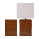 Libra Interiors Ridged Ceramic Rectangular Table Lamp in brown with vertically ridged terracotta glazed base and cream linen shade, shown beside matching base.