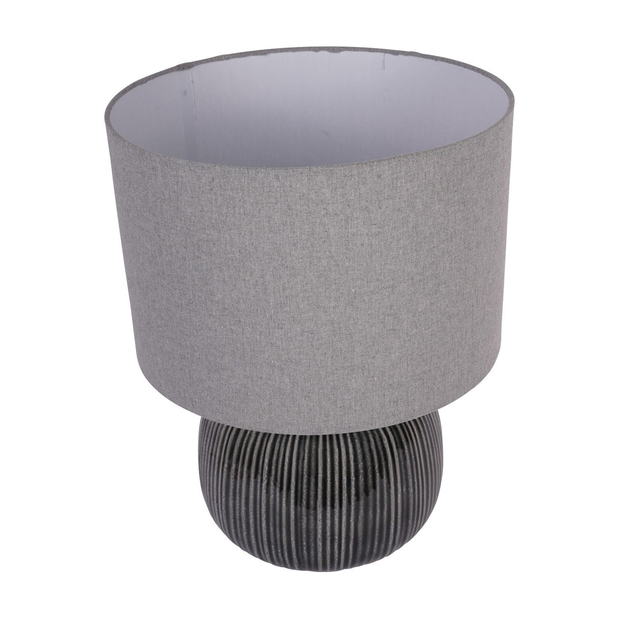 Libra Interiors Ribbed Ceramic Table Lamp in charcoal with a rounded ribbed glazed base and grey fabric drum shade, shown on a plain white background.
