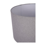 Close-up of the Libra Interiors Ribbed Ceramic Table Lamp in Charcoal, showing the grey fabric drum shade and white lining on a plain background.