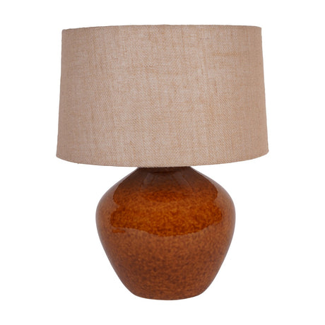 Libra Interiors Glazed Ceramic Hessian Shade Table Lamp in brown with a rounded mottled ceramic base and natural woven drum shade, on a white background.