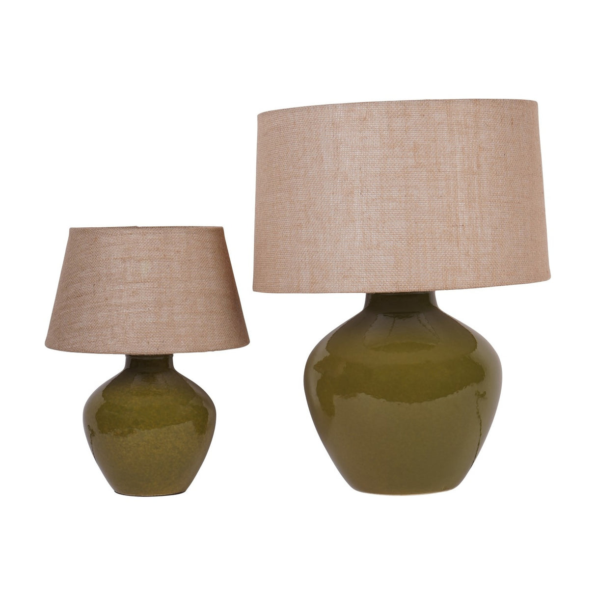 Libra Interiors Glazed Ceramic Hessian Table Lamps in green with rounded mossy bases and natural woven drum shades, shown in two sizes on a white background.