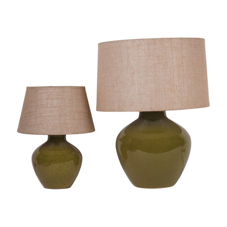 Libra Interiors Glazed Ceramic Hessian Table Lamps in green with rounded mossy bases and natural woven drum shades, shown in two sizes on a white background.