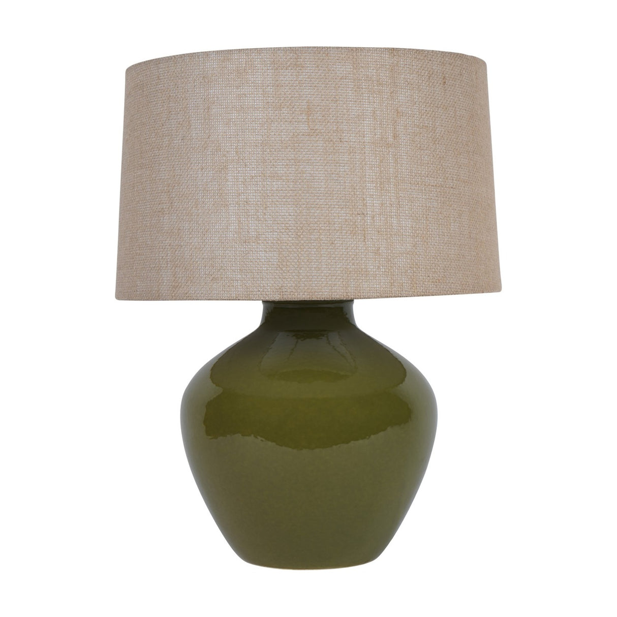 Libra Interiors Glazed Ceramic Hessian Table Lamp in green with a rounded mossy green ceramic base and natural woven hessian drum shade, on white.