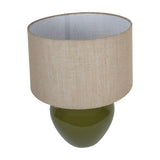 Libra Interiors Glazed Ceramic Hessian Table Lamp in green with a rounded mossy green ceramic base and natural woven hessian drum shade, top-down view.