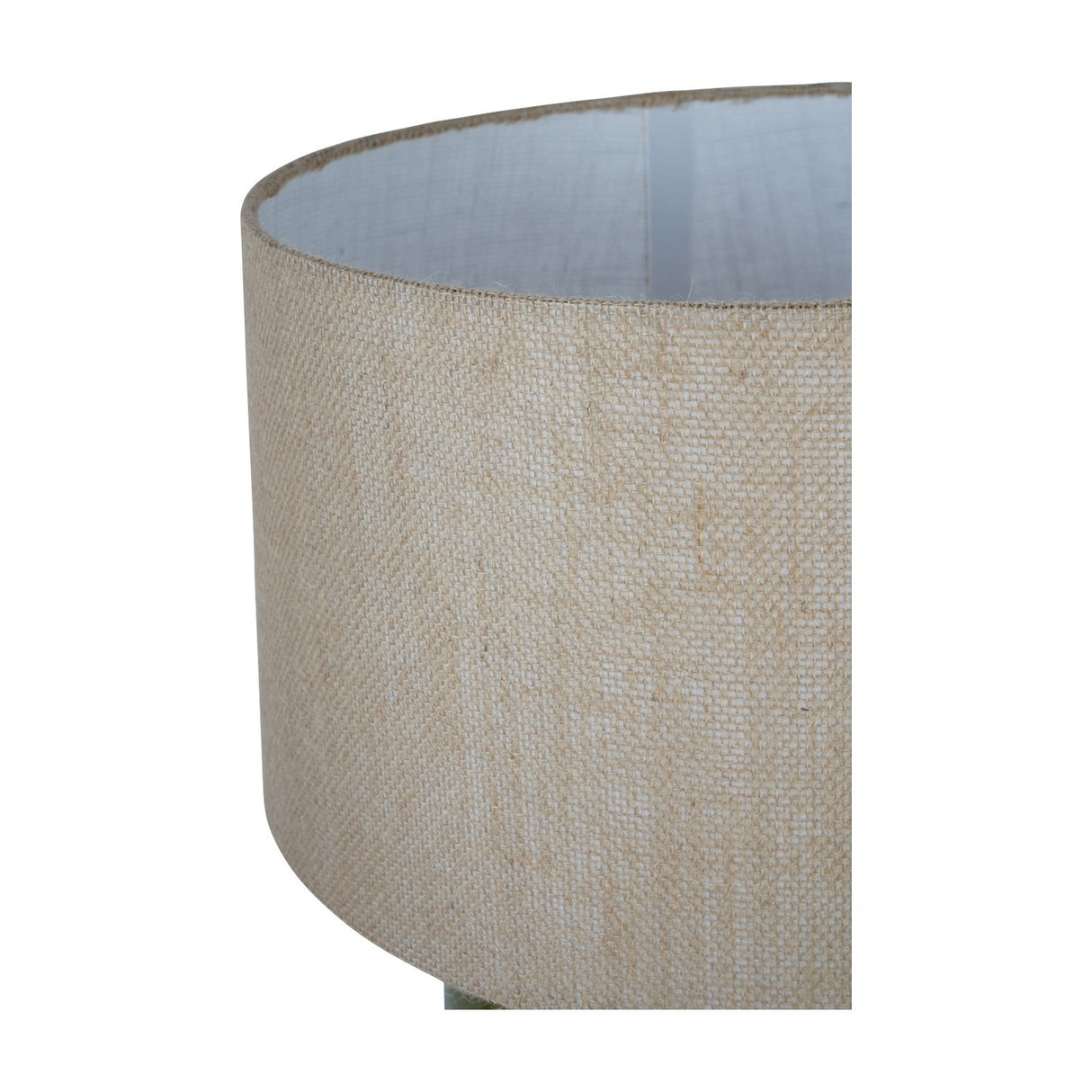 Close-up of the natural hessian drum shade on the Libra Interiors Glazed Ceramic Hessian Table Lamp, showing its woven texture and white lining.