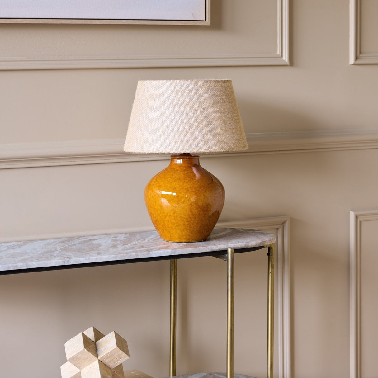 Glazed Ceramic Hessian Shade Table Lamp – Brown