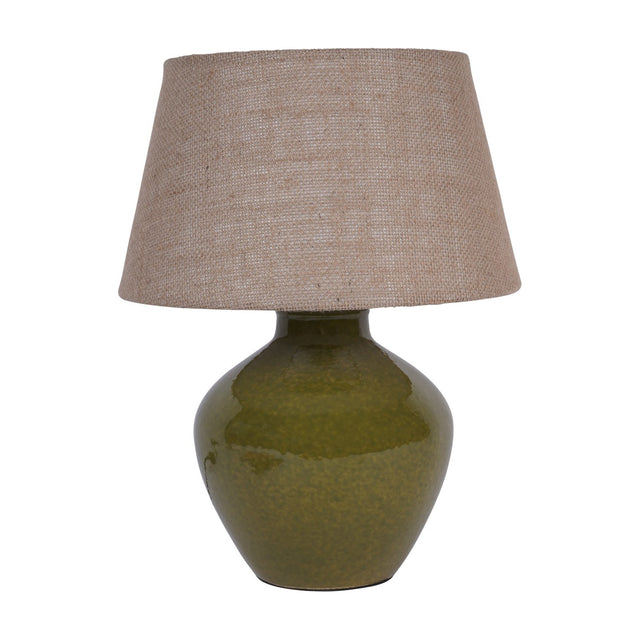 Libra Interiors Glazed Ceramic Hessian Table Lamp in green with a rounded urn-shaped mossy glazed base and woven natural hessian shade, on a white background.