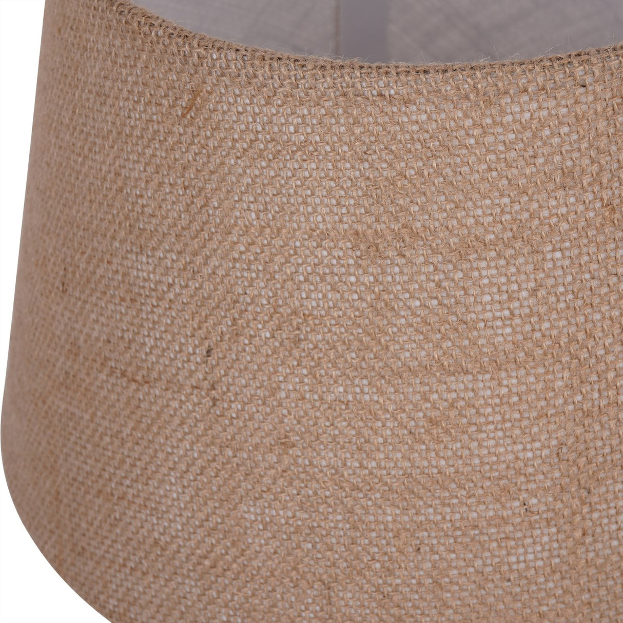 Close-up of the woven natural hessian shade on the Libra Interiors Glazed Ceramic Hessian Table Lamp, showing its loose textured weave.