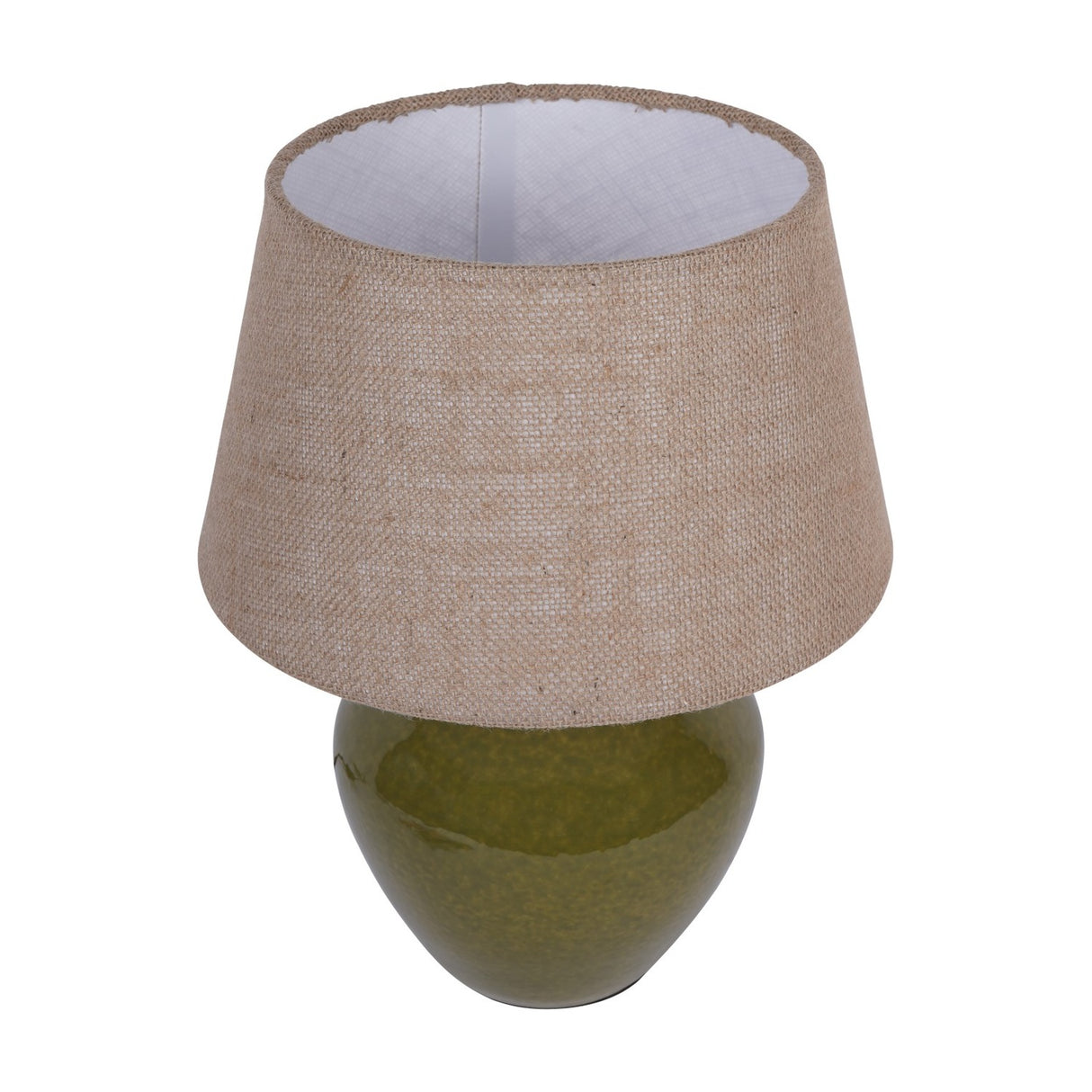 Libra Interiors Glazed Ceramic Hessian Table Lamp in green with a rounded urn-shaped mossy glazed base and woven natural hessian tapered shade.