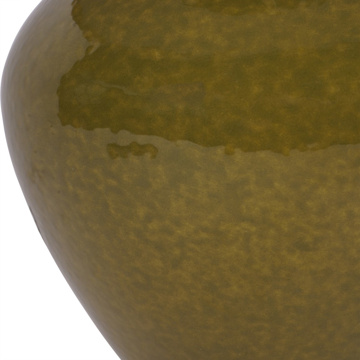 Close-up of the Libra Interiors Glazed Ceramic Hessian Table Lamp base showing the mossy green glaze with a subtle mottled, glossy finish.