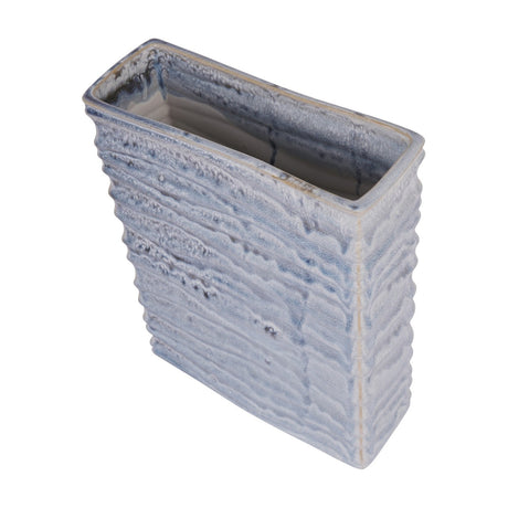 Libra Interiors Rippled Ceramic Rectangular Vase in blue reactive glaze with grey and white tones, shown at an angled top view on a white background.