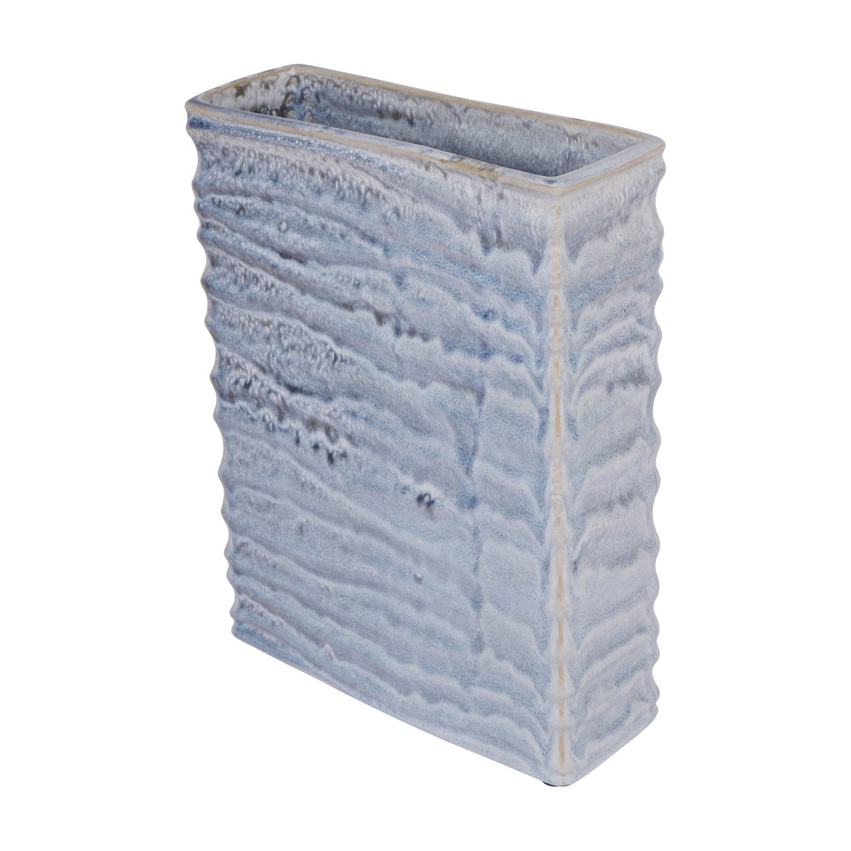 Libra Interiors Rippled Ceramic Rectangular Vase in blue reactive glaze with grey and white tones, shown at an angle against a plain white background.