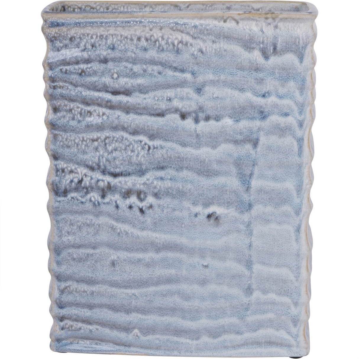 Libra Interiors Rippled Ceramic Rectangular Vase in blue with a reactive glaze pooling across grey and white tones over textured ridged walls.