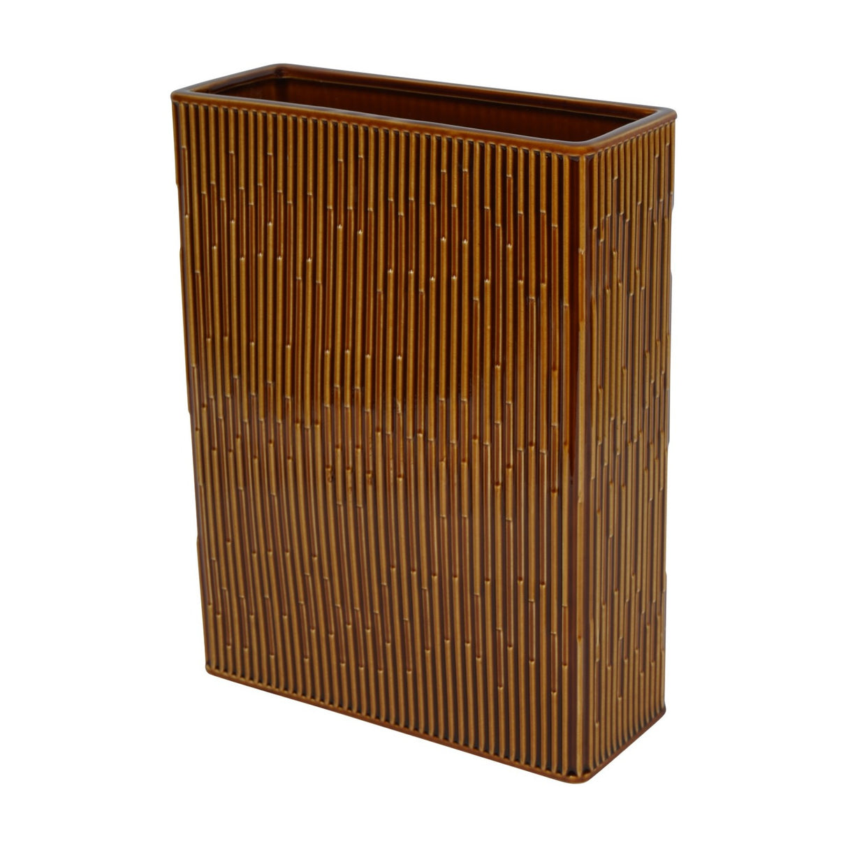 Libra Interiors ribbed ceramic vase with glossy brown terracotta glaze, tall rectangular form with fine vertical ridges, shown on a plain white background.