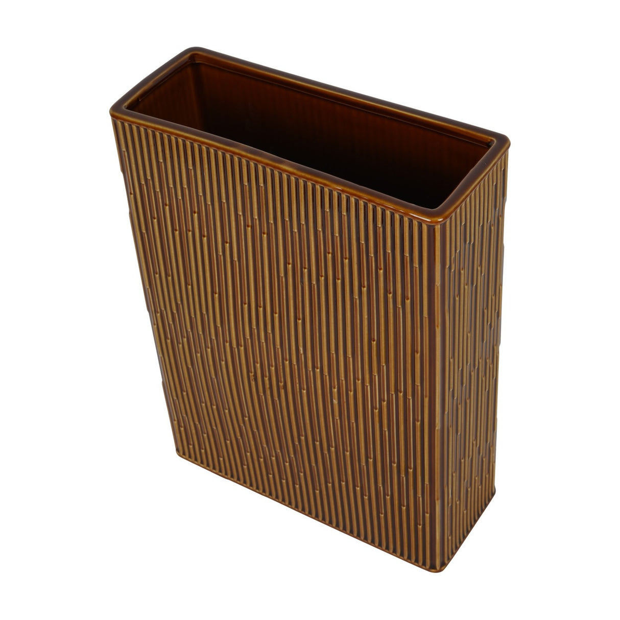 Libra Interiors ribbed ceramic vase with glossy brown terracotta glaze, tall rectangular form and fine vertical ridges, shown from above on a white background.
