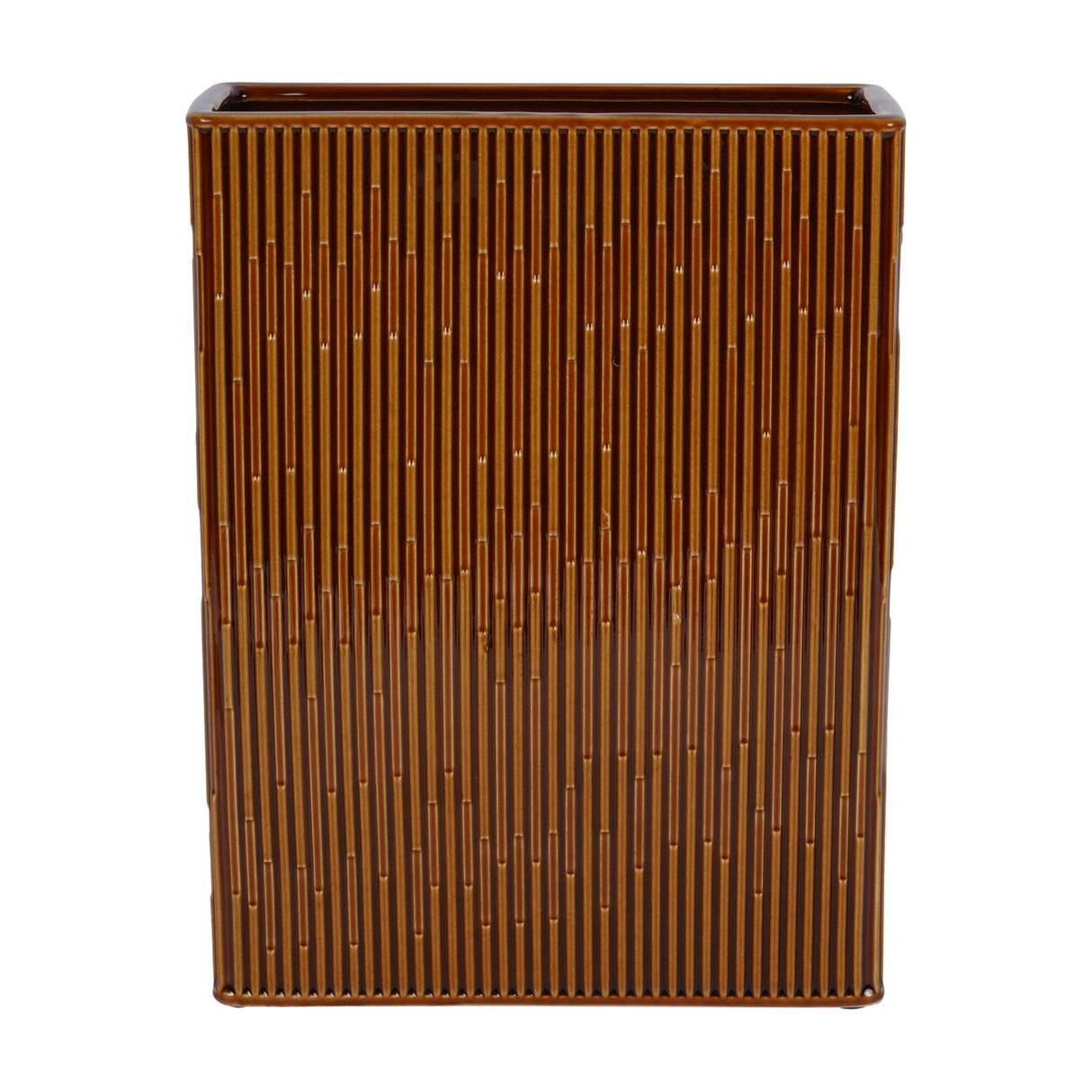 Libra Interiors ribbed ceramic vase in glossy terracotta brown, tall rectangular form with fine vertical ridges, shown against a plain white background.