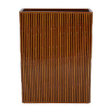 Libra Interiors ribbed ceramic vase in glossy terracotta brown, tall rectangular form with fine vertical ridges, shown against a plain white background.