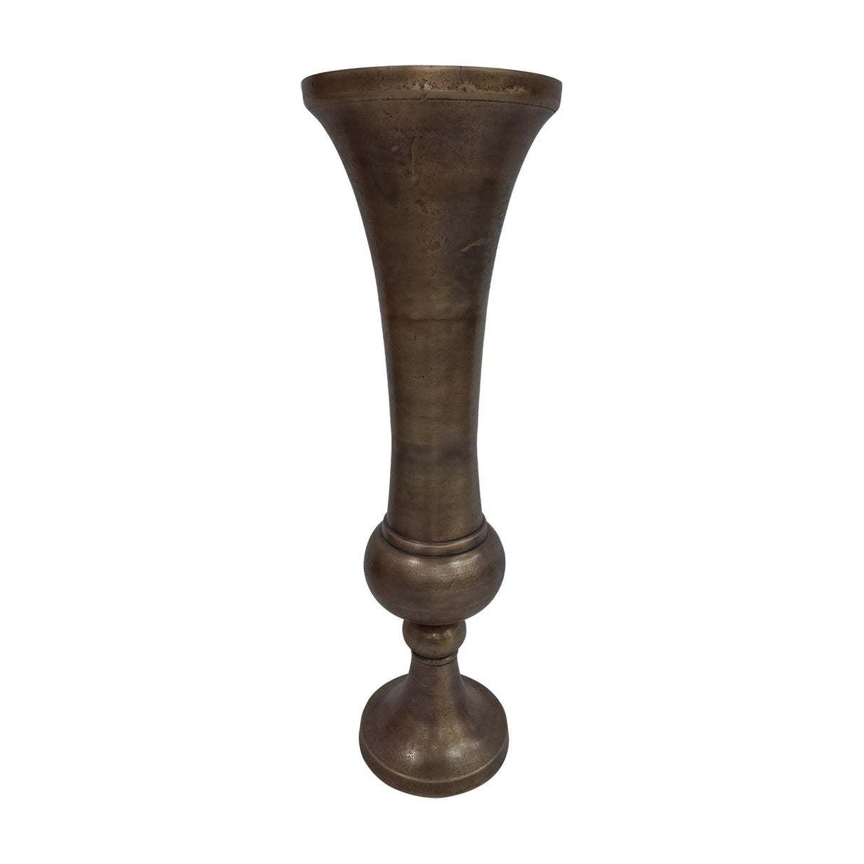 Libra Interiors Trumpet Antique Brass Floor Vase in aluminium with flared mouth, turned ball detail and pedestal foot, shown on a plain white background.