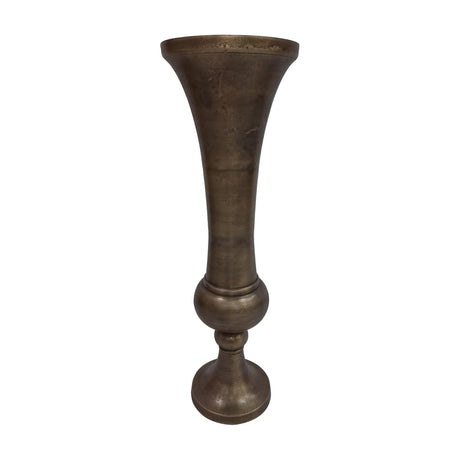 Libra Interiors Trumpet Antique Brass Floor Vase in aluminium with flared mouth, turned ball detail and pedestal foot, shown on a plain white background.