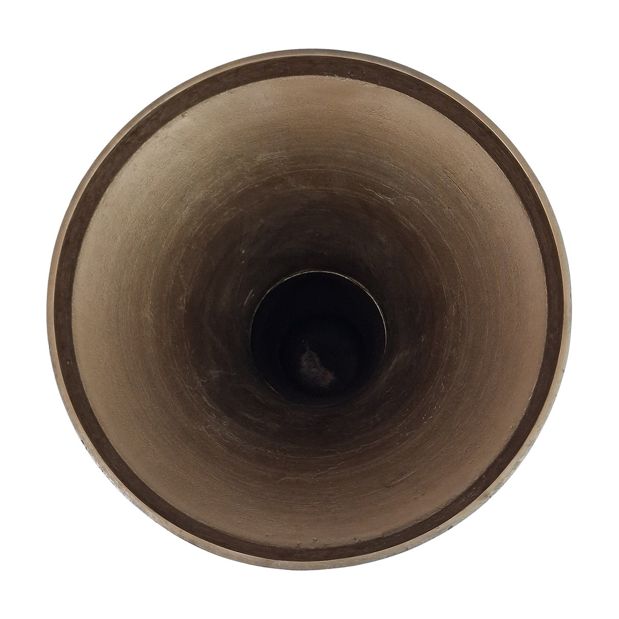 Top-down view of the Libra Interiors Trumpet Antique Brass Floor Vase, showing the flared circular mouth and narrow central opening in brushed brass.