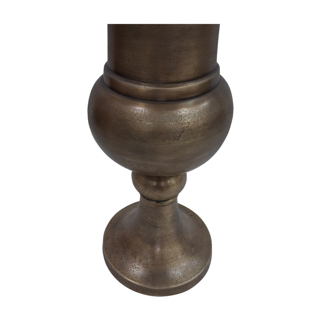 Close-up of the Libra Interiors Trumpet Antique Brass Floor Vase base, showing the rounded urn body, turned ball detail and pedestal foot in brushed brass.