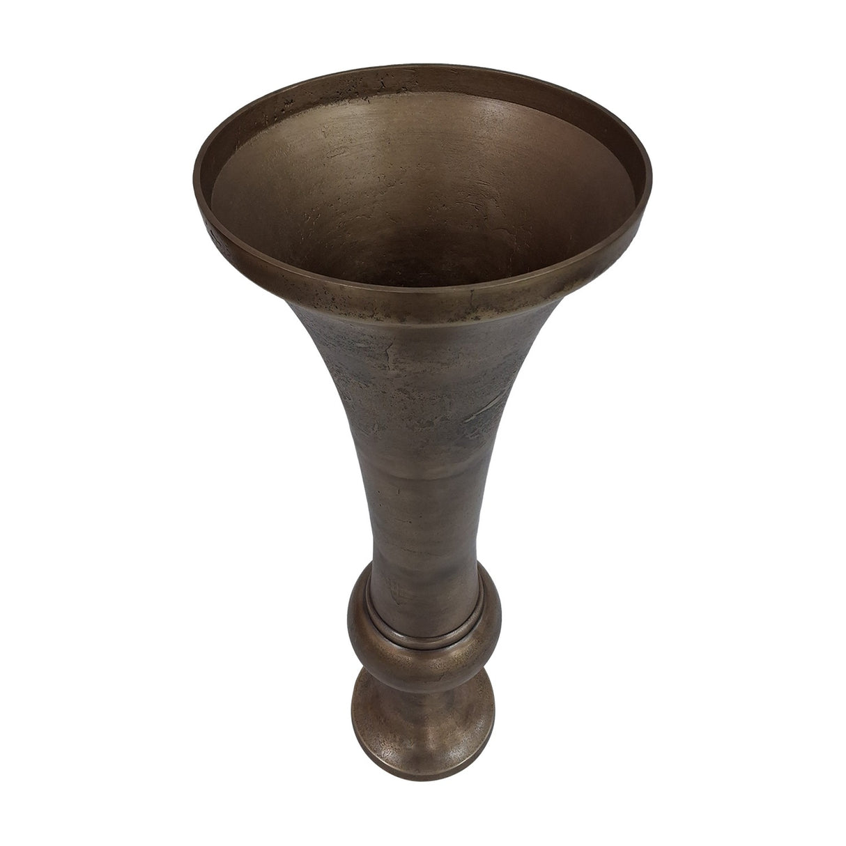 Libra Interiors Trumpet floor vase in antique brass finish aluminium, shown from above highlighting the flared mouth, tapered column and turned pedestal foot.