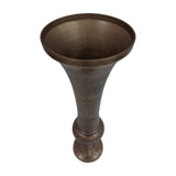 Libra Interiors Trumpet floor vase in antique brass finish aluminium, shown from above highlighting the flared mouth, tapered column and turned pedestal foot.