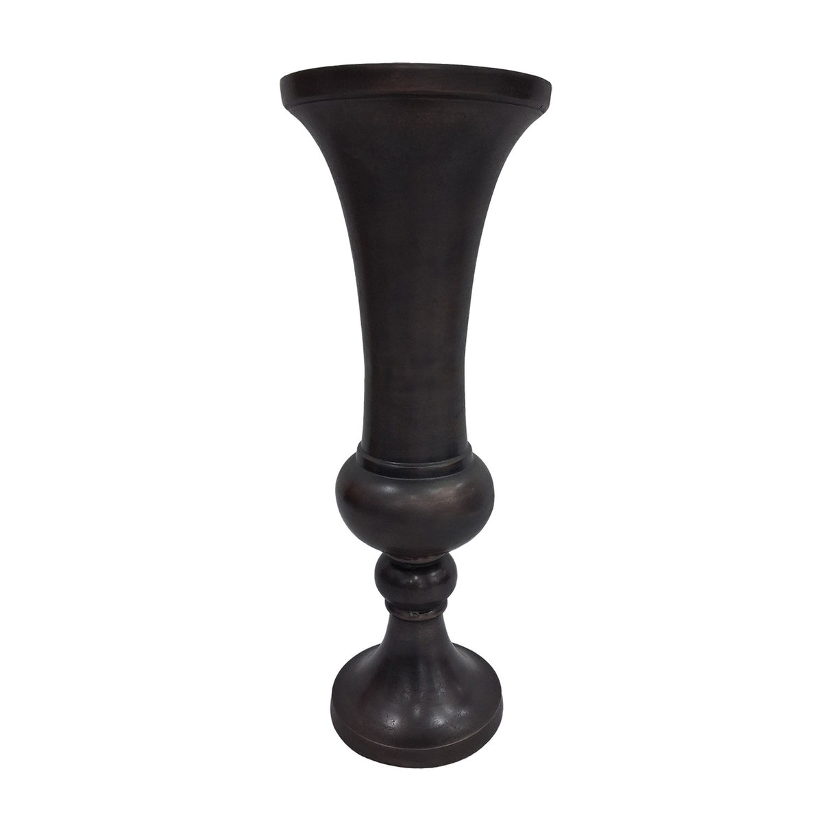 Libra Interiors Trumpet antique bronze aluminium floor vase with flared top and turned baluster stem on a rounded footed base, shown on a white background.