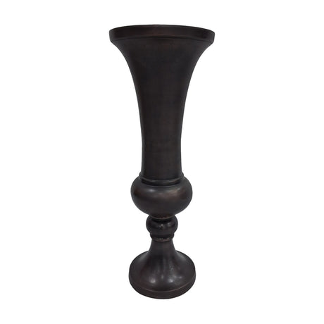 Libra Interiors Trumpet antique bronze aluminium floor vase with flared top and turned baluster stem on a rounded footed base, shown on a white background.