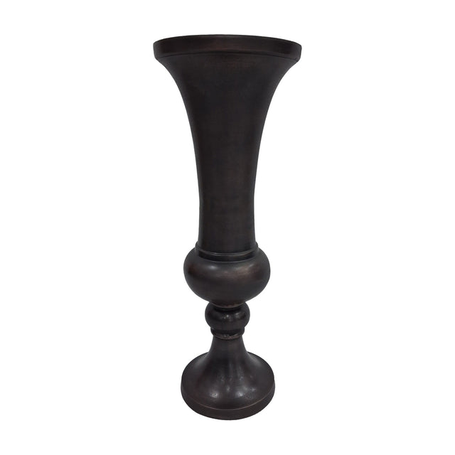 Libra Interiors Trumpet antique bronze aluminium floor vase with flared top and turned baluster stem on a rounded footed base, shown on a white background.