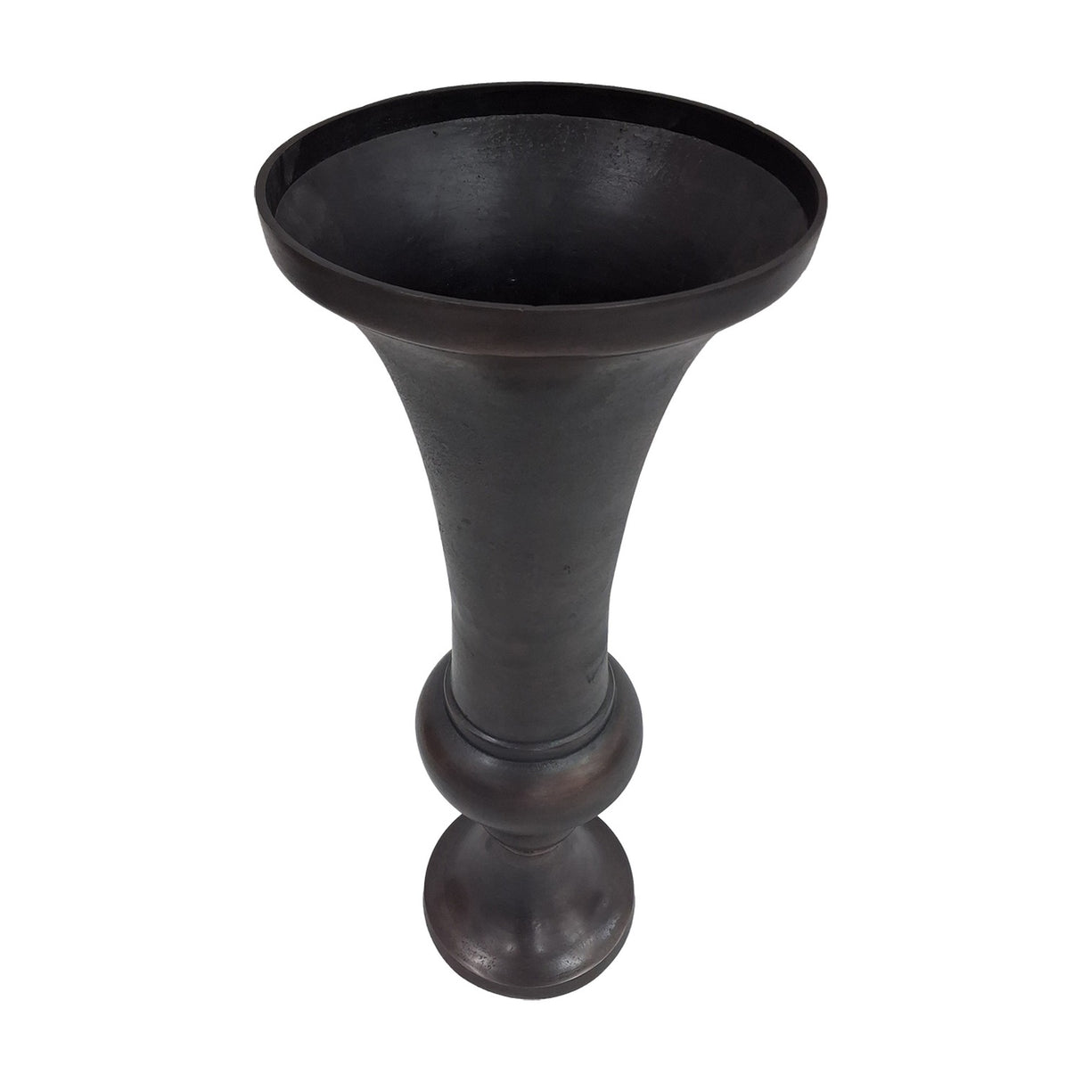 Libra Interiors Trumpet Antique Bronze Aluminium Vase with flared top and turned baluster stem on a rounded footed base, shown on a plain white background.