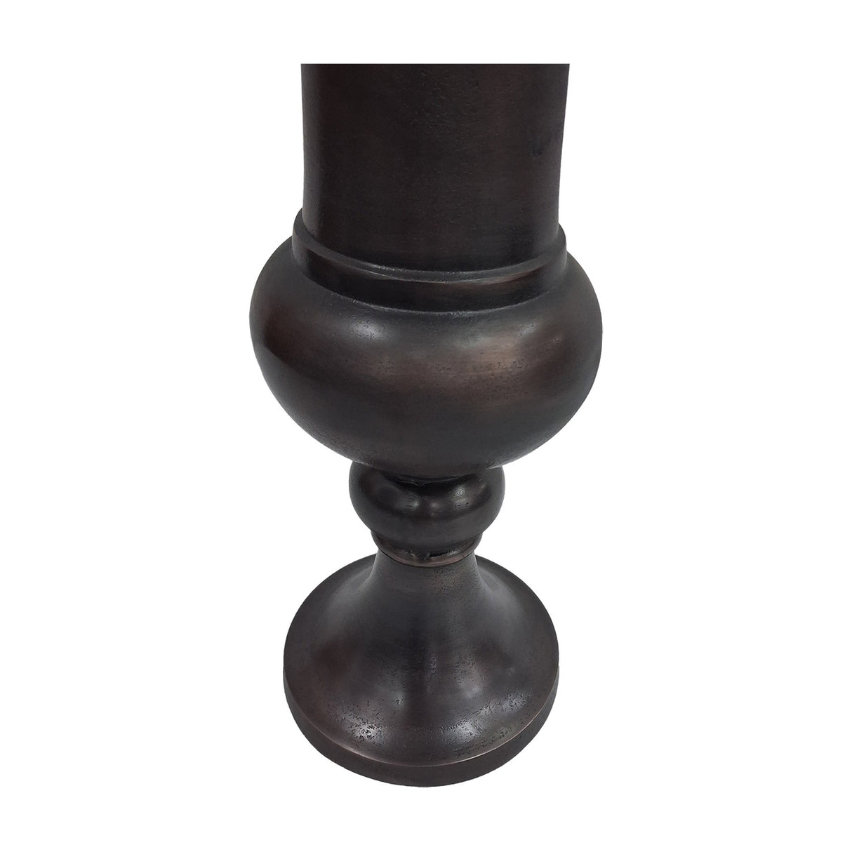 Close-up of the Libra Interiors Trumpet Antique Bronze Aluminium Vase showing its baluster stem and rounded footed base in a brushed bronze finish.